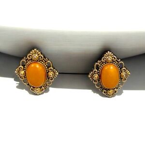 Victorian Revival Gold Tone Brown Earrings 1”for pierced ears